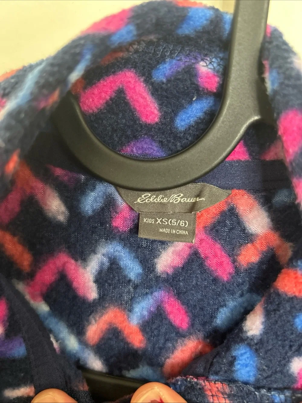 Eddie Bauer Navy Fleece Pullover with Pink & Light Blue Chevron Pattern